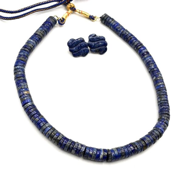 LAPIS LAZULI Disc Saucer Bead Necklace Earring Set Adjustable String Closure 20" - Picture 7 of 10